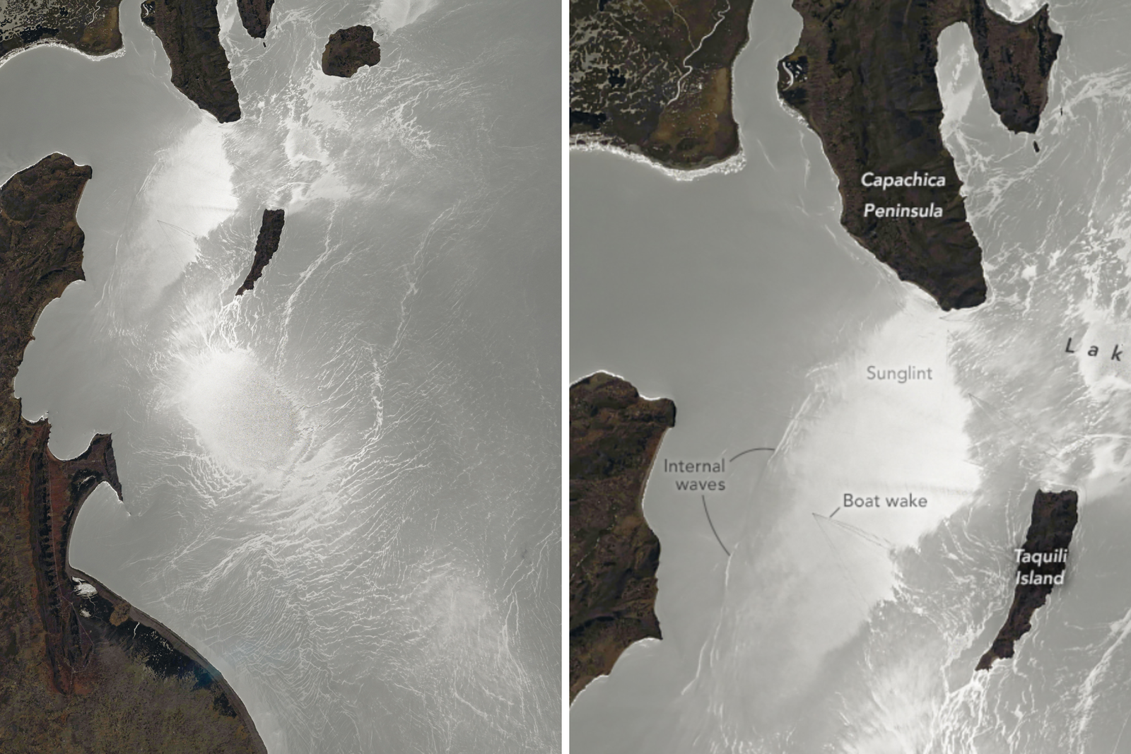 Satellite image shows "optic phenomenon" captured by nasa above the lake of peru